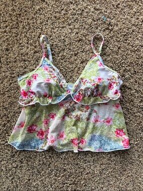 Floral Ruffle Camisole Tank Top - Pink & Green